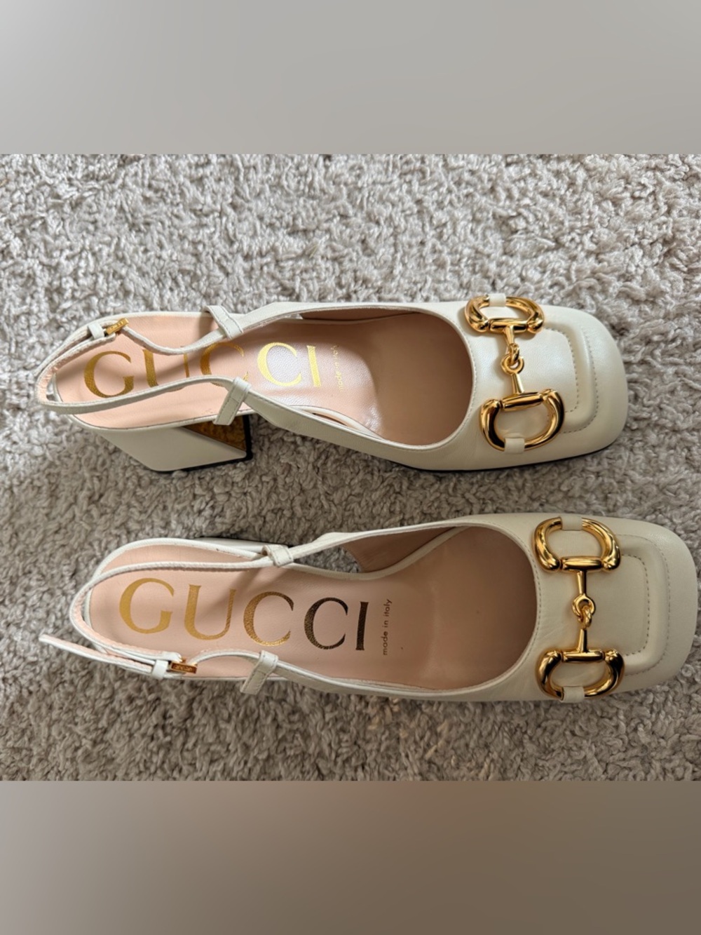 Gucci Cream Slingback Block Heels with Gold Horsebit - Picture 2 of 4